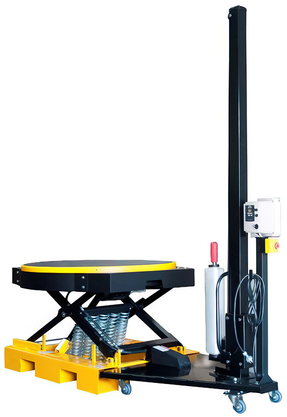 Complete stretch wrapper spring elevated unit with powered rotating top and mast assembly