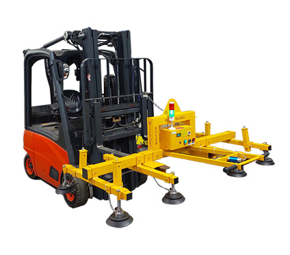Victory ROVER forklift mounted sheet metal lifting with vacuum cup lifter performing steel plate lifting on site