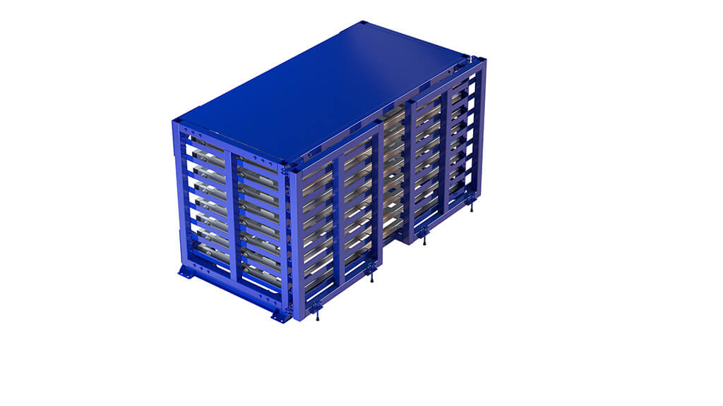 Heavy-duty horizontal sheet metal storage rack loaded with steel sheets