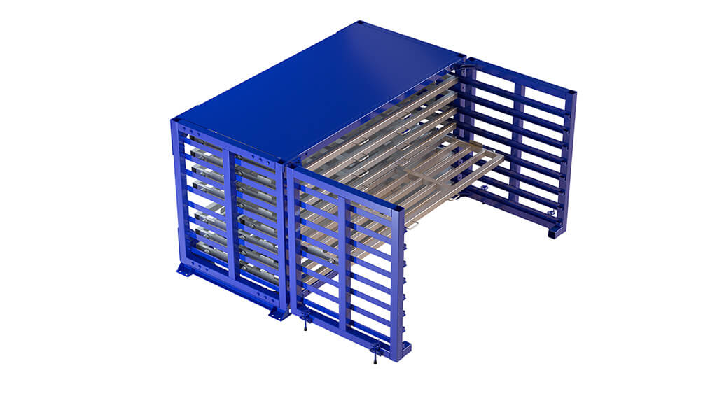Multi-level horizontal storage rack fully loaded with flat metal sheets